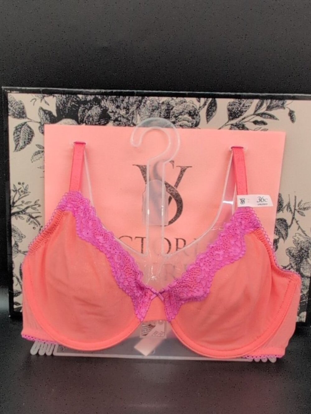 Victoria Secret Tease Lace Trim Underwire Unlined Demi Bra 36C Coral & New Peony